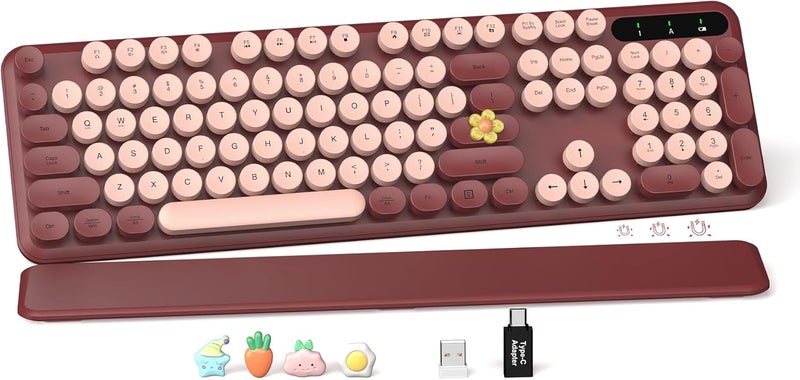 SABLUTE Wireless Keyboard, Round Keycaps, Retro Typewriter Keyboard with Detachable Wrist Rest, Sleep Mode, Foldable Legs, 2.4GHz Full-Size Cordless Computer Keyboard for Windows/PC/Laptop (Burgundy Colors) - Image 1